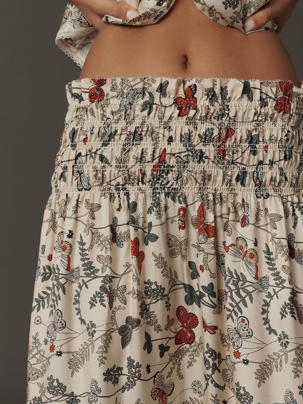 THE GREAT. Canary silk Maxi Skirt with Red & Green Botanical Print - Picture 2 of 3